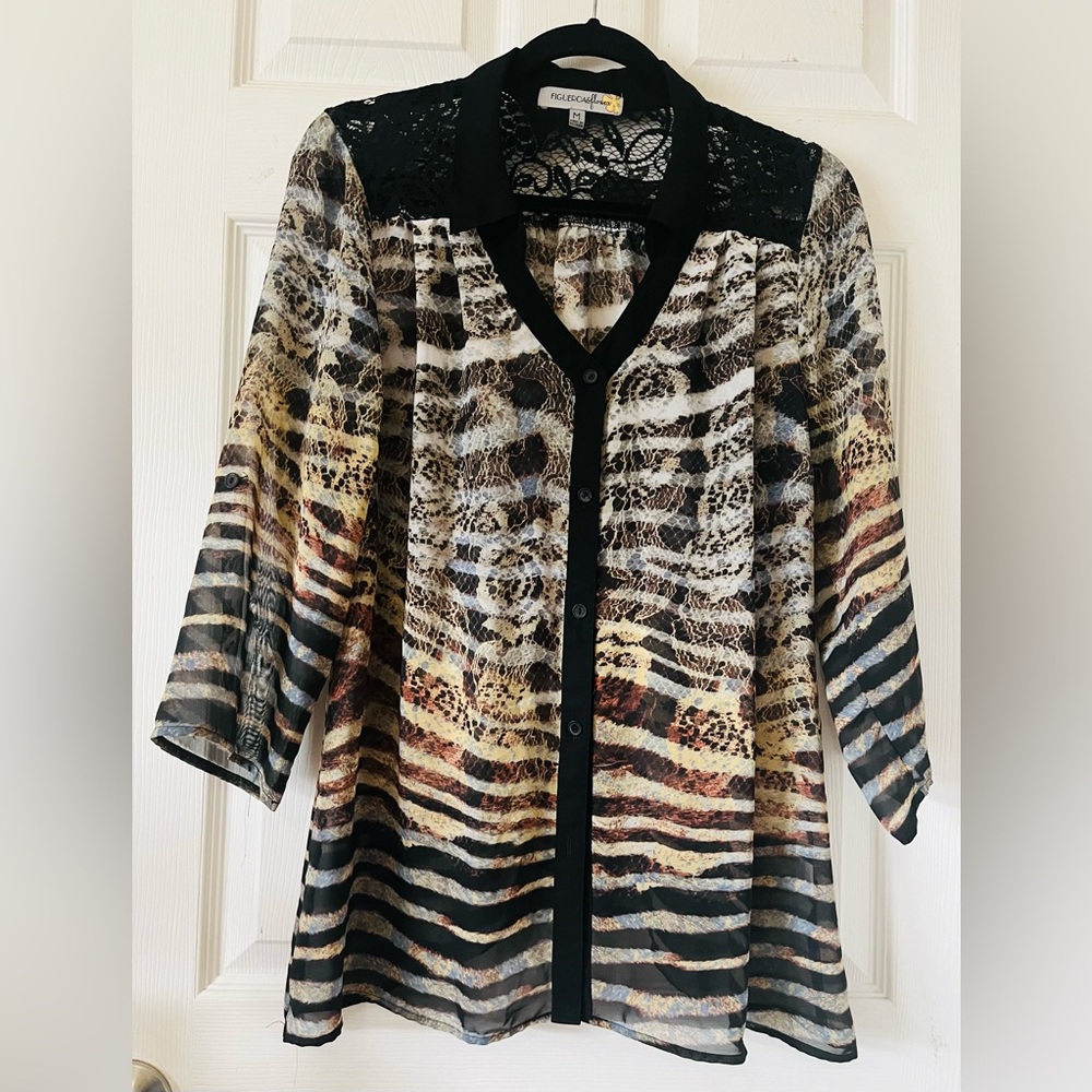 Figueroa & Flower Stylish Multicolor Women's 3/4 Sleeve‎ Button Down Blouse Sz M